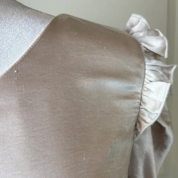 NWT Aakaa Champagne One Shoulder Lined Mini Dress w/ Ruffle Accent and Tie Belt - Picture 5 of 16